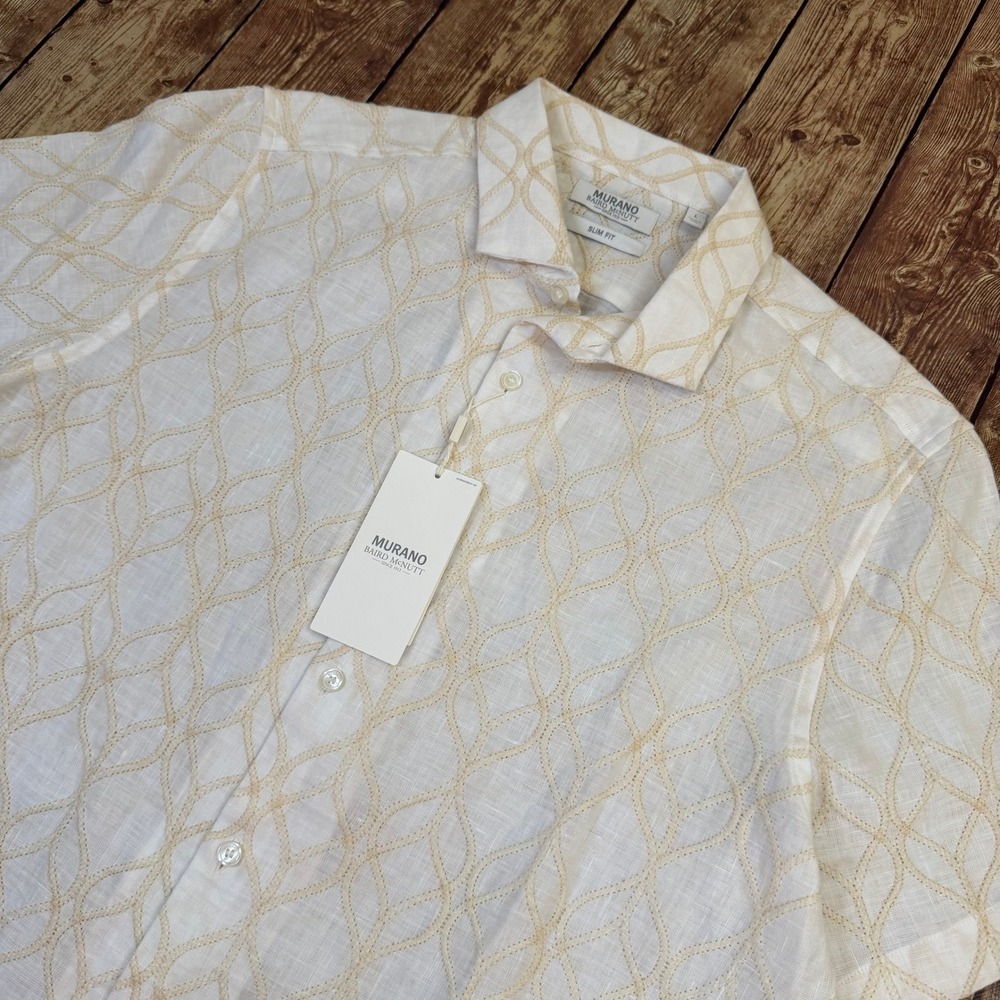 Murano Baird McNutt Button Up Shirt Mens Large White Slim Fit Linen Short Sleeve